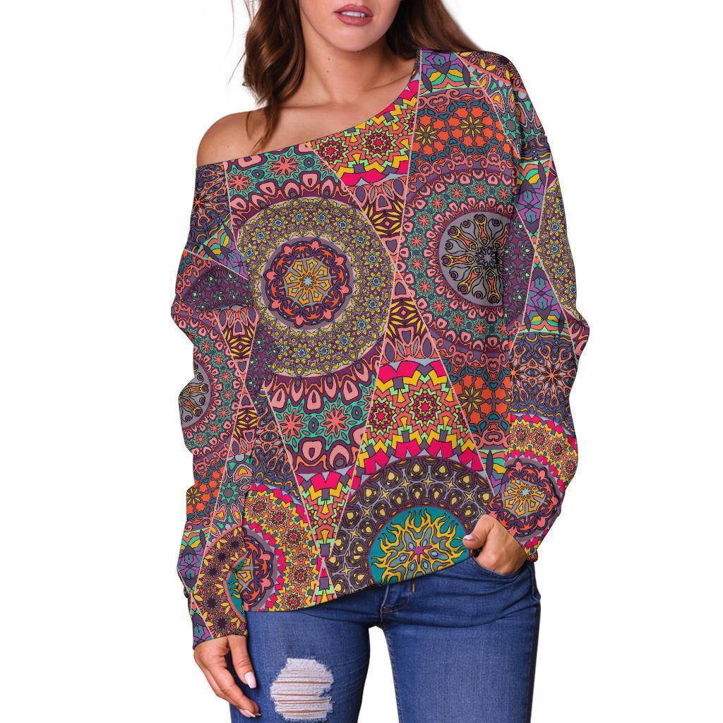 Bohemian Patchwork Pattern Print Women Off Shoulder Sweatshirt-grizzshop