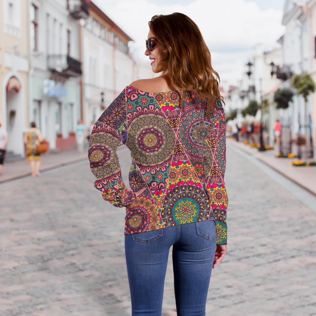 Bohemian Patchwork Pattern Print Women Off Shoulder Sweatshirt-grizzshop