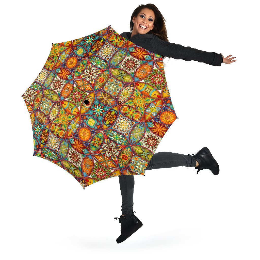 Bohemian Patchwork Print Pattern Automatic Foldable Umbrella-grizzshop