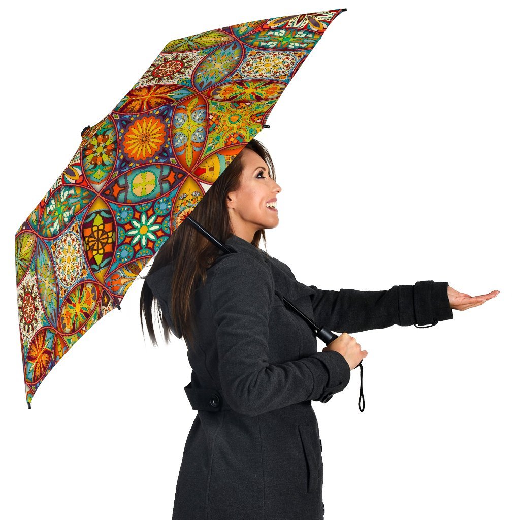 Bohemian Patchwork Print Pattern Automatic Foldable Umbrella-grizzshop