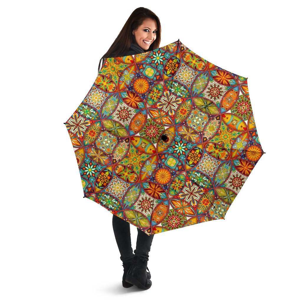 Bohemian Patchwork Print Pattern Automatic Foldable Umbrella-grizzshop