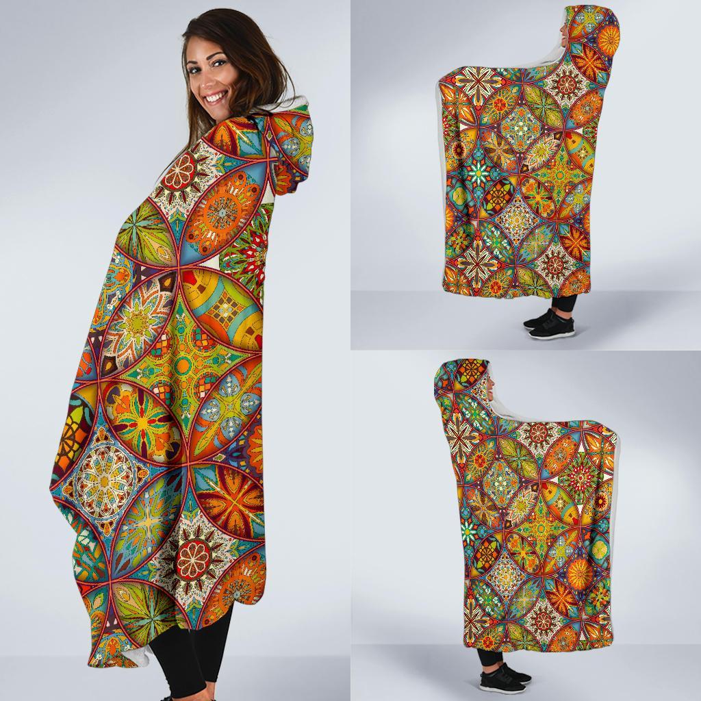 Bohemian Patchwork Print Pattern Hooded Blanket-grizzshop