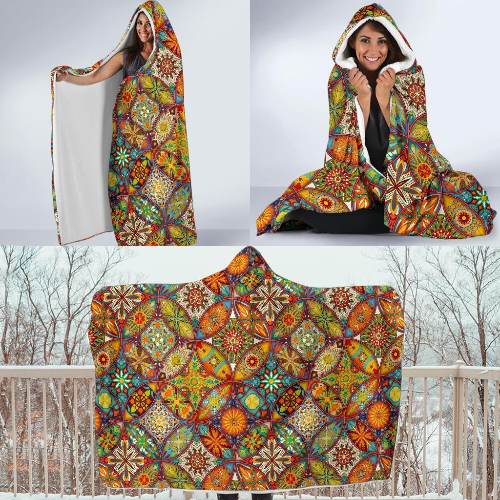 Bohemian Patchwork Print Pattern Hooded Blanket-grizzshop