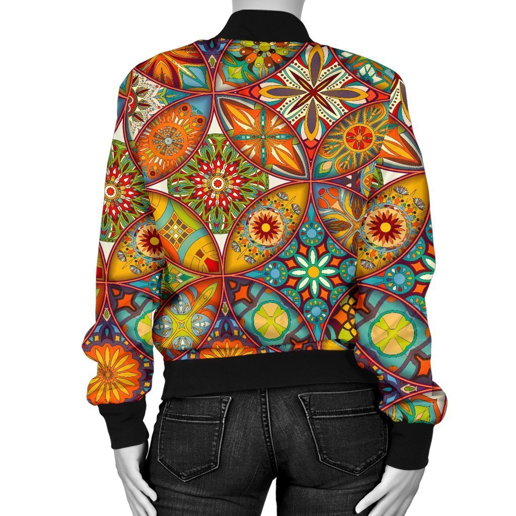 Bohemian Patchwork Print Pattern Women Casual Bomber Jacket-grizzshop