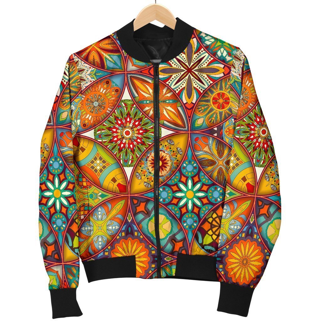 Bohemian Patchwork Print Pattern Women Casual Bomber Jacket-grizzshop