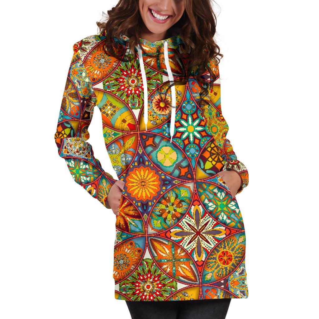 Bohemian Patchwork Print Pattern Women Hoodie Dress-grizzshop