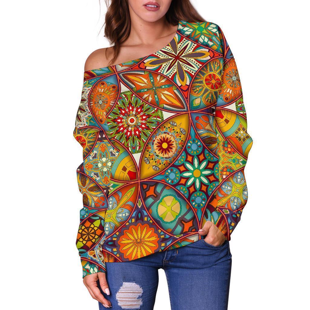 Bohemian Patchwork Print Pattern Women Off Shoulder Sweatshirt-grizzshop