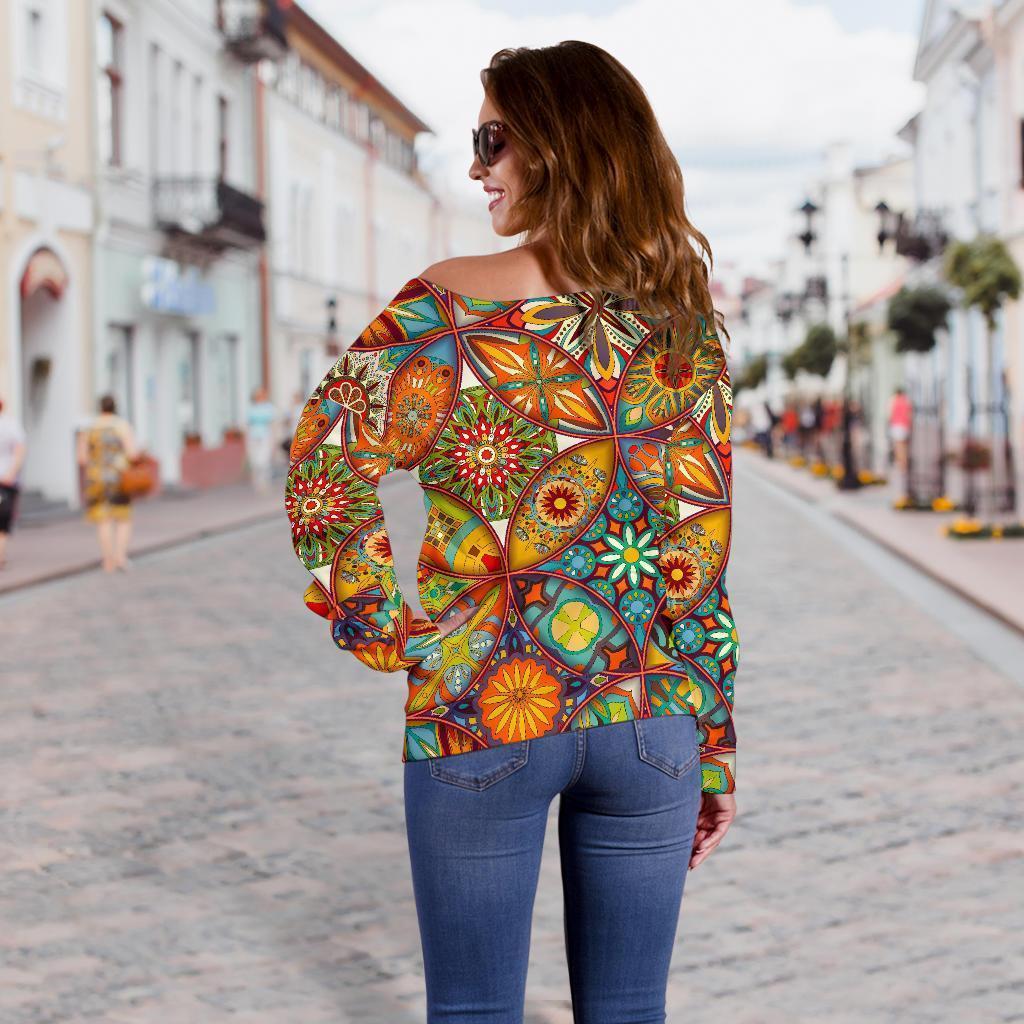 Bohemian Patchwork Print Pattern Women Off Shoulder Sweatshirt-grizzshop