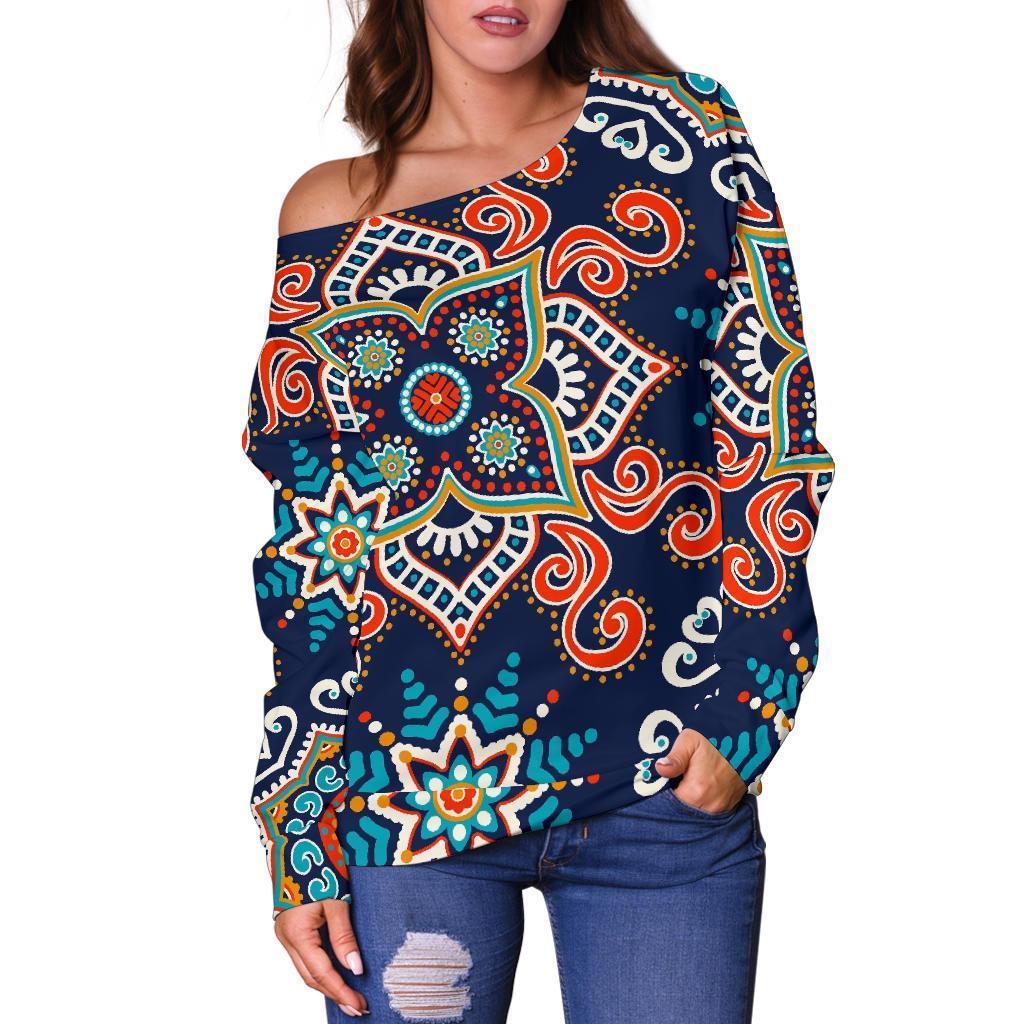 Bohemian Pattern Print Women Off Shoulder Sweatshirt-grizzshop