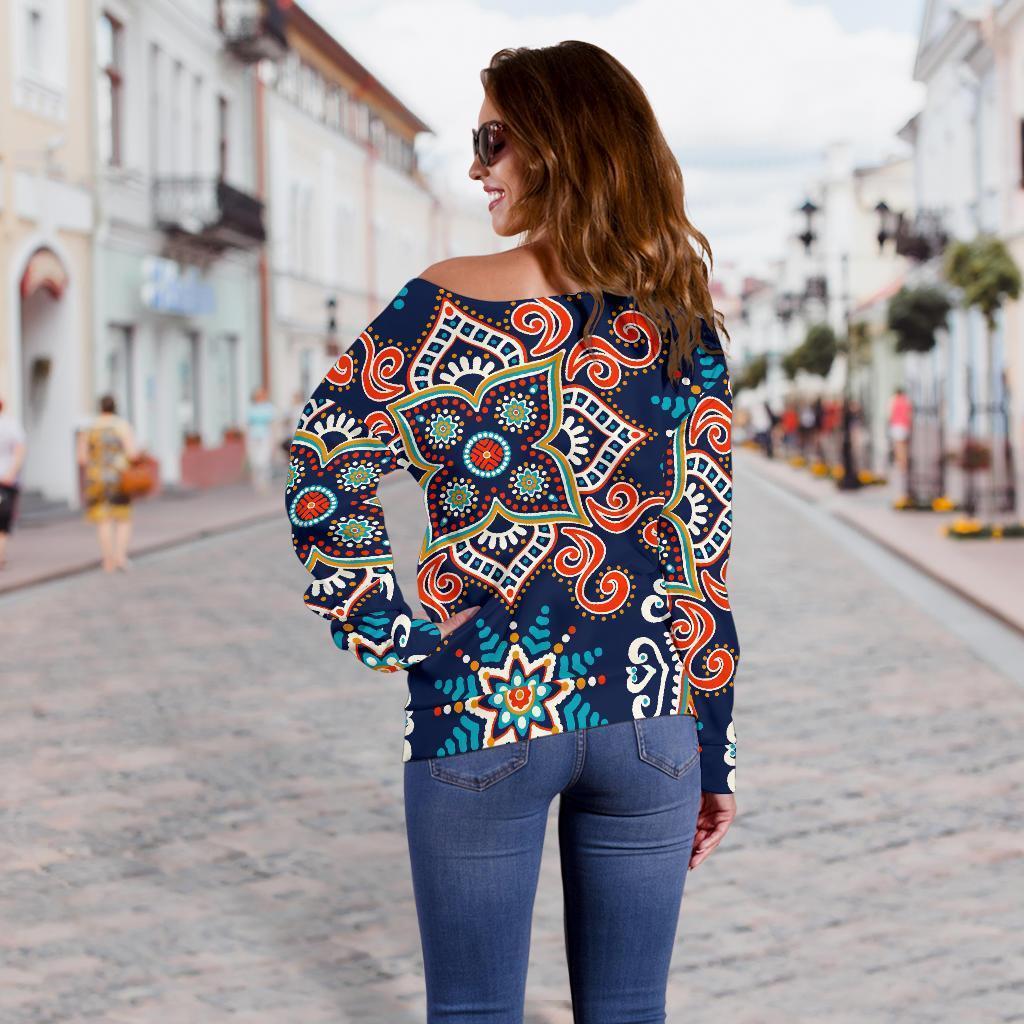 Bohemian Pattern Print Women Off Shoulder Sweatshirt-grizzshop