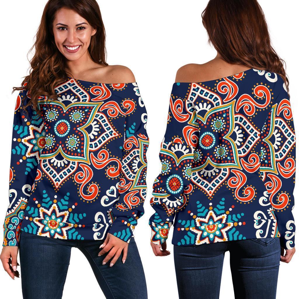 Bohemian Pattern Print Women Off Shoulder Sweatshirt-grizzshop