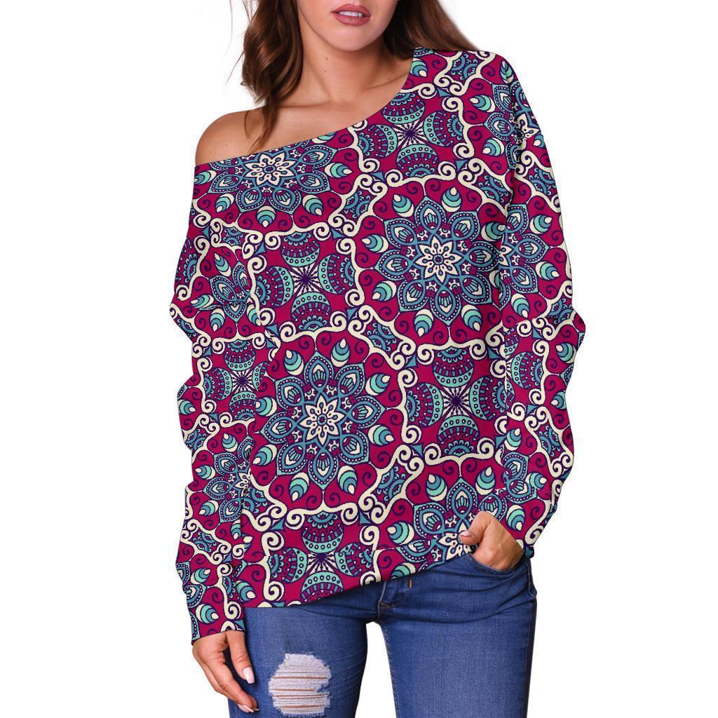 Bohemian Print Pattern Women Off Shoulder Sweatshirt-grizzshop