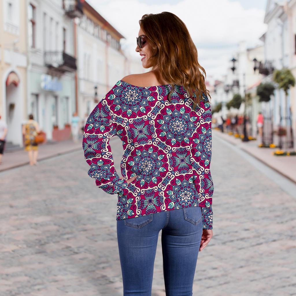 Bohemian Print Pattern Women Off Shoulder Sweatshirt-grizzshop