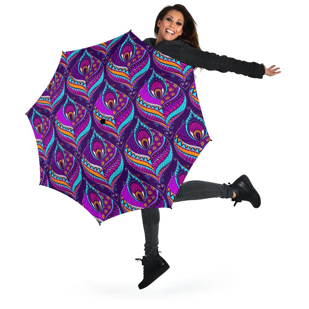 Bohemian Purple Pattern Print Automatic Foldable Umbrella-grizzshop