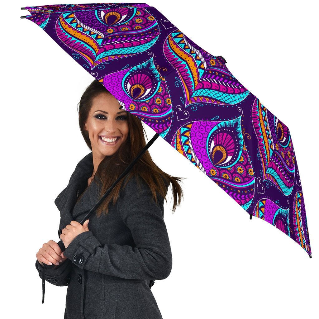 Bohemian Purple Pattern Print Automatic Foldable Umbrella-grizzshop