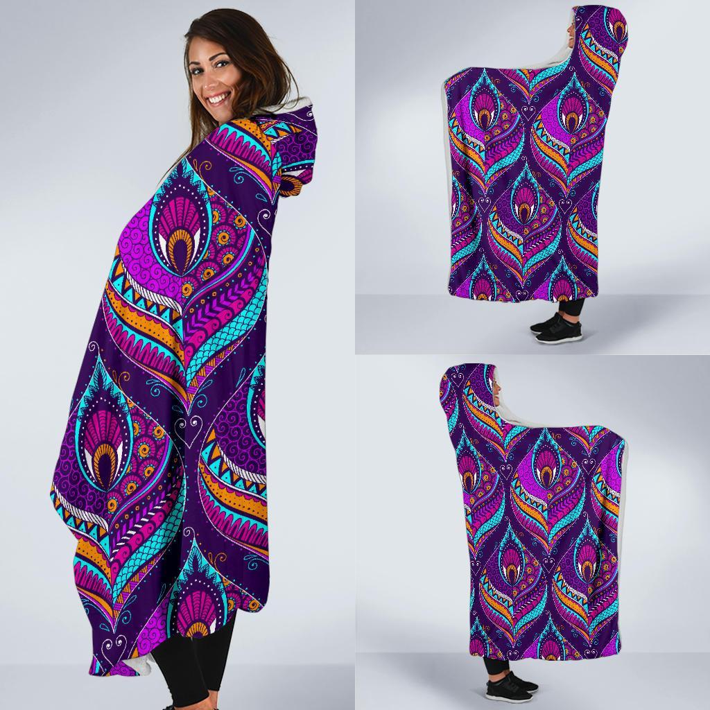 Bohemian Purple Pattern Print Hooded Blanket-grizzshop