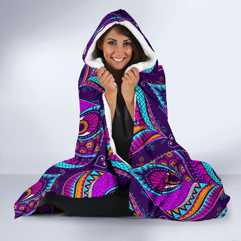 Bohemian Purple Pattern Print Hooded Blanket-grizzshop