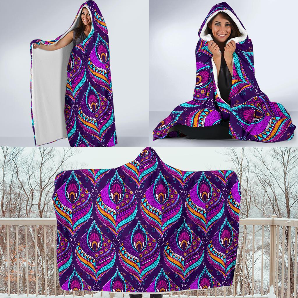 Bohemian Purple Pattern Print Hooded Blanket-grizzshop