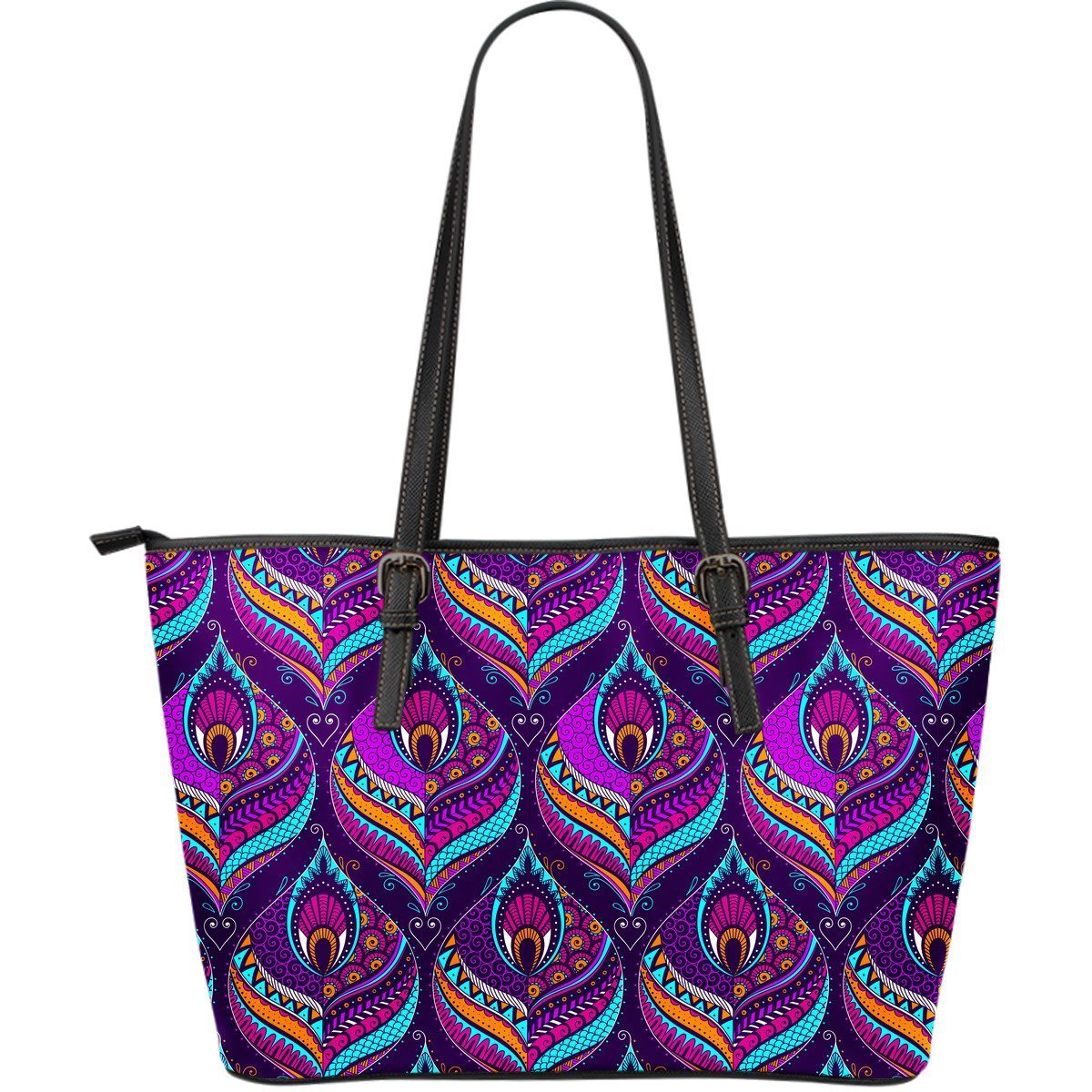 Bohemian Purple Pattern Print Leather Tote Bag-grizzshop