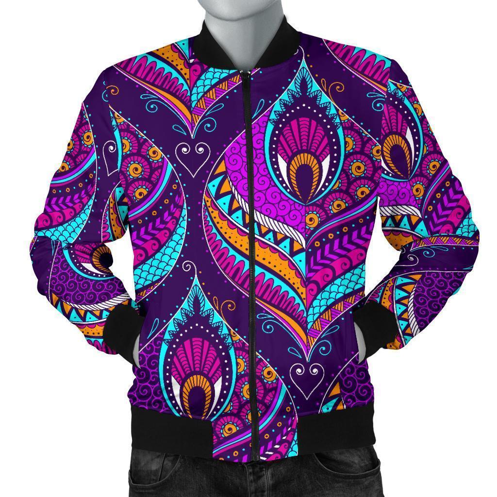 Bohemian Purple Pattern Print Men's Bomber Jacket-grizzshop