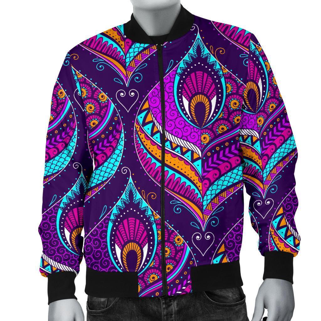 Bohemian Purple Pattern Print Men's Bomber Jacket-grizzshop