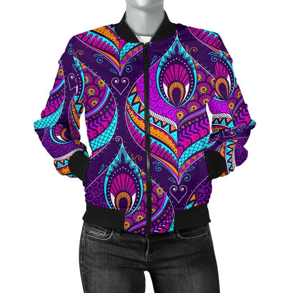 Bohemian Purple Pattern Print Women Casual Bomber Jacket-grizzshop