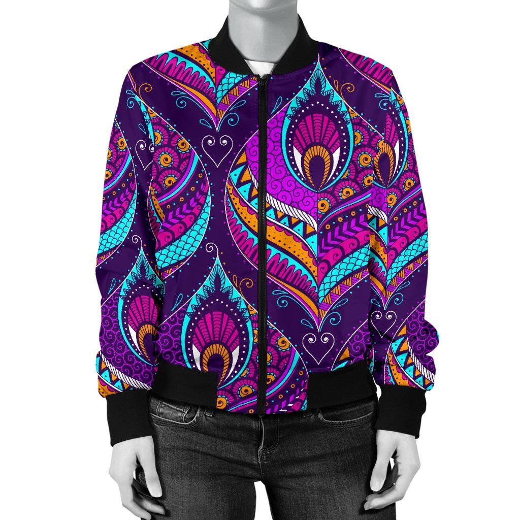 Bohemian Purple Pattern Print Women Casual Bomber Jacket-grizzshop