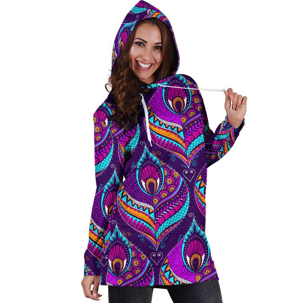 Bohemian Purple Pattern Print Women Hoodie Dress-grizzshop