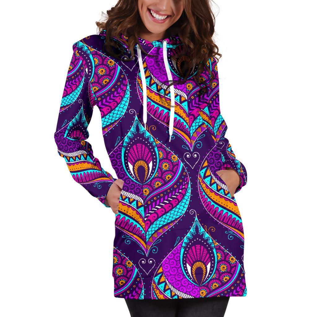 Bohemian Purple Pattern Print Women Hoodie Dress-grizzshop