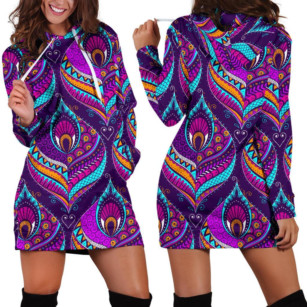 Bohemian Purple Pattern Print Women Hoodie Dress-grizzshop