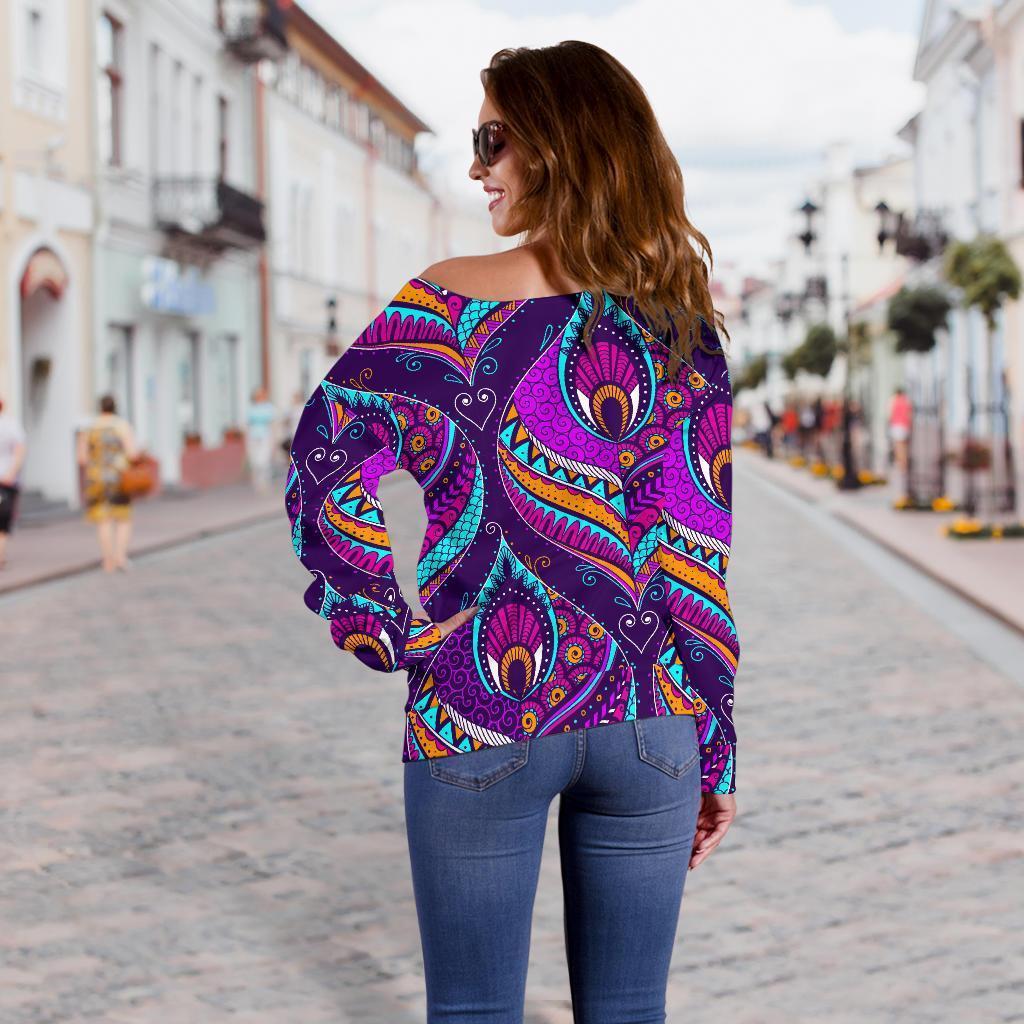 Bohemian Purple Pattern Print Women Off Shoulder Sweatshirt-grizzshop