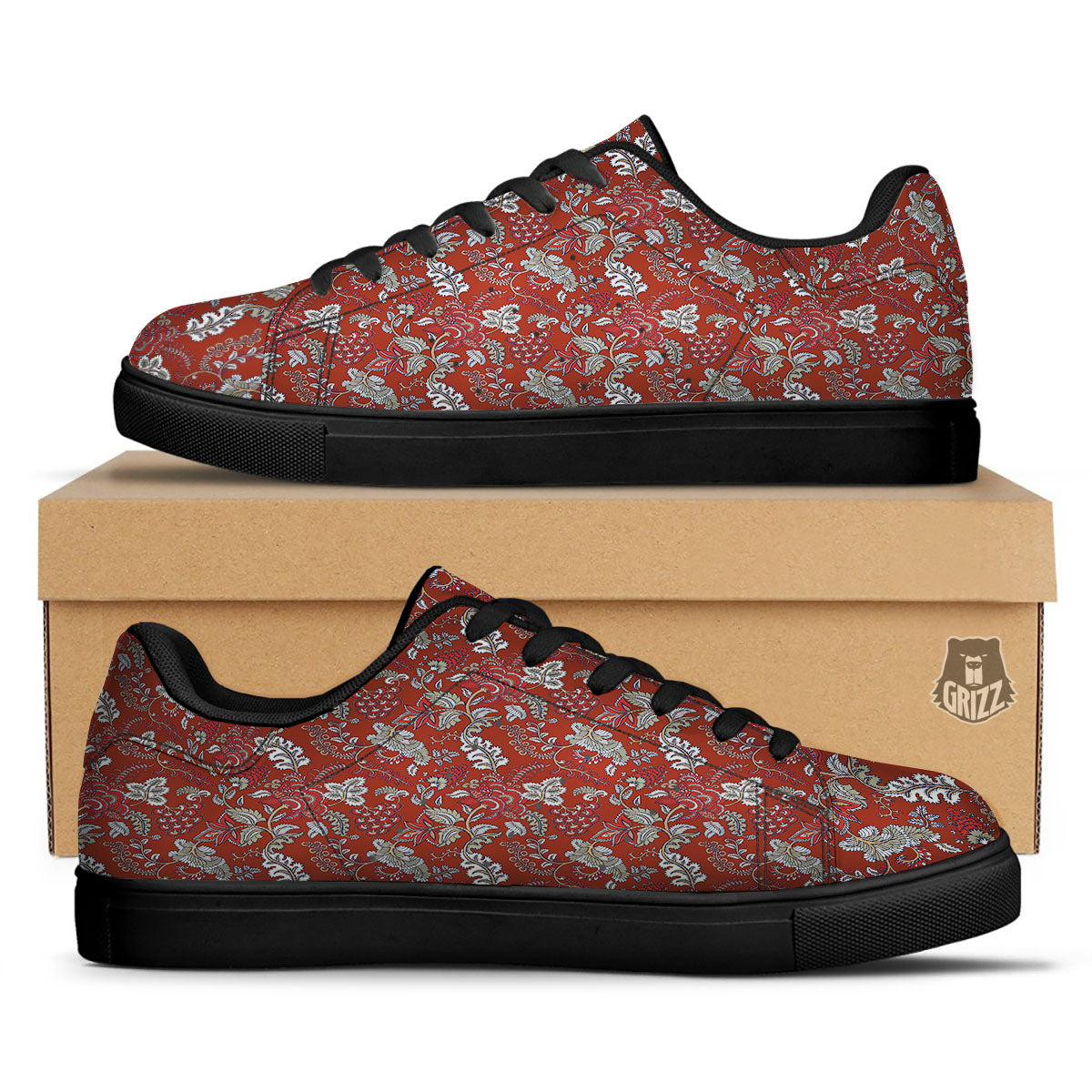 Bohemian Red Floral Print Pattern Black Low Top Sneakers-grizzshop