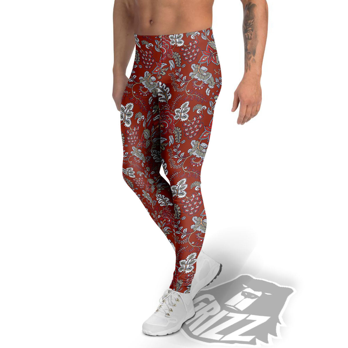 Bohemian Red Floral Print Pattern Men's Leggings-grizzshop