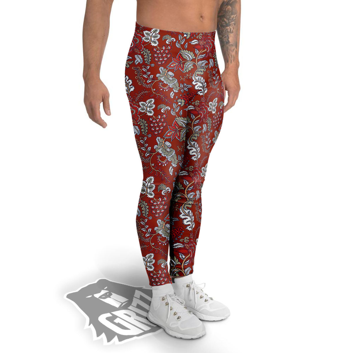 Bohemian Red Floral Print Pattern Men's Leggings-grizzshop