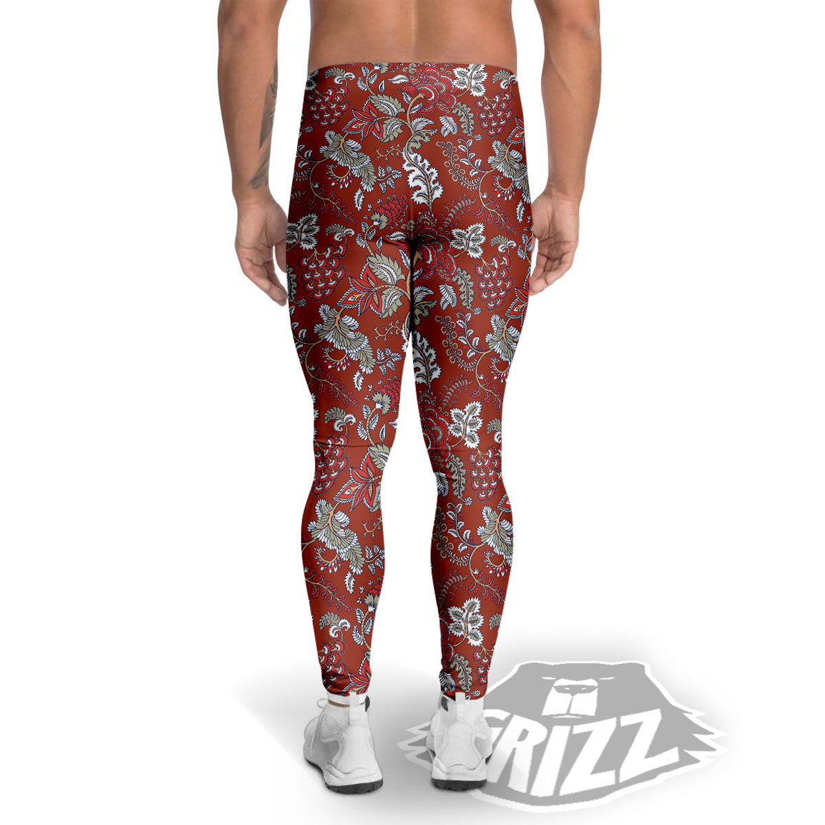 Bohemian Red Floral Print Pattern Men's Leggings-grizzshop