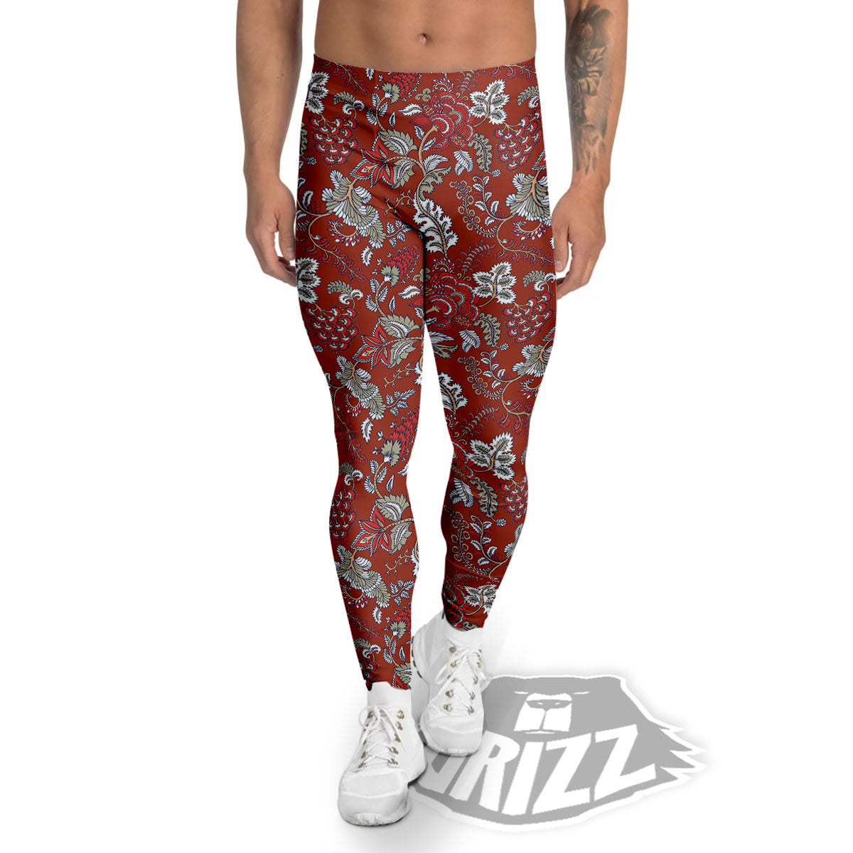 Bohemian Red Floral Print Pattern Men's Leggings-grizzshop
