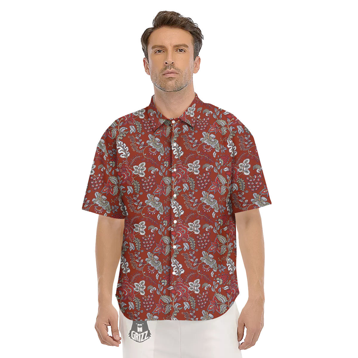 Bohemian Red Floral Print Pattern Men's Short Sleeve Shirts-grizzshop