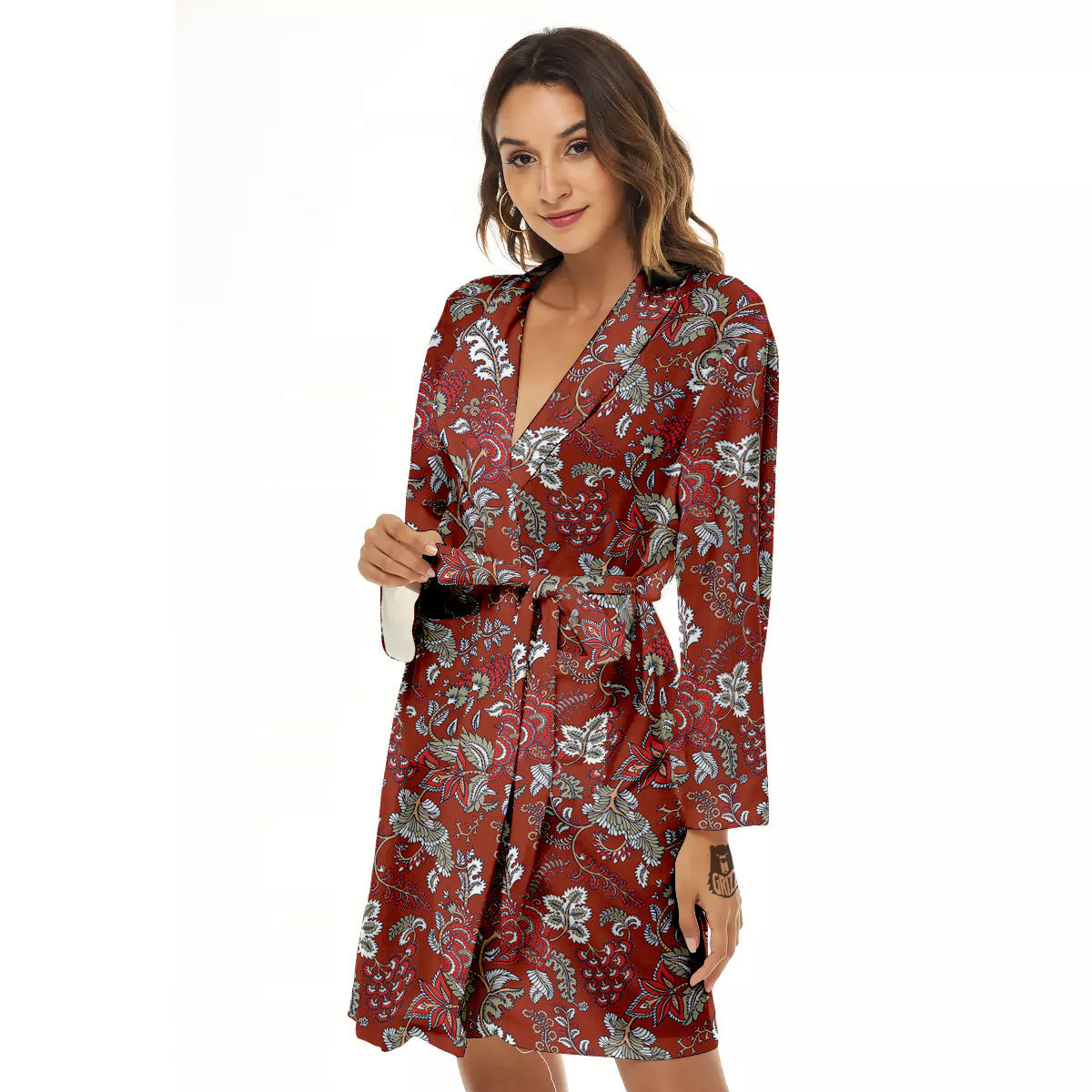 Bohemian Red Floral Print Pattern Women's Robe-grizzshop