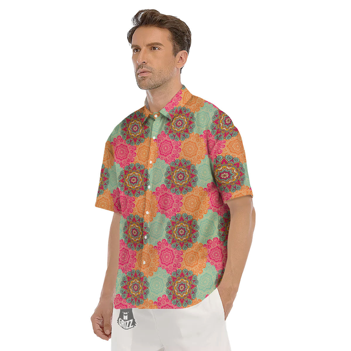 Bohemian Sangria Mandala Print Pattern Men's Short Sleeve Shirts-grizzshop