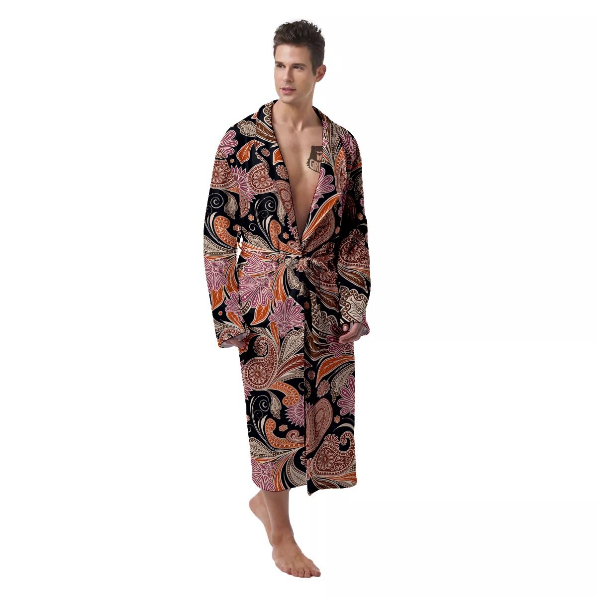 Bohemian Tangerine Floral Print Pattern Men's Robe-grizzshop