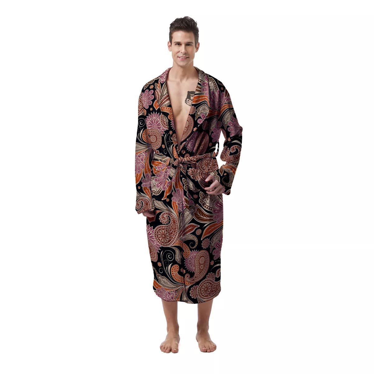 Bohemian Tangerine Floral Print Pattern Men's Robe-grizzshop