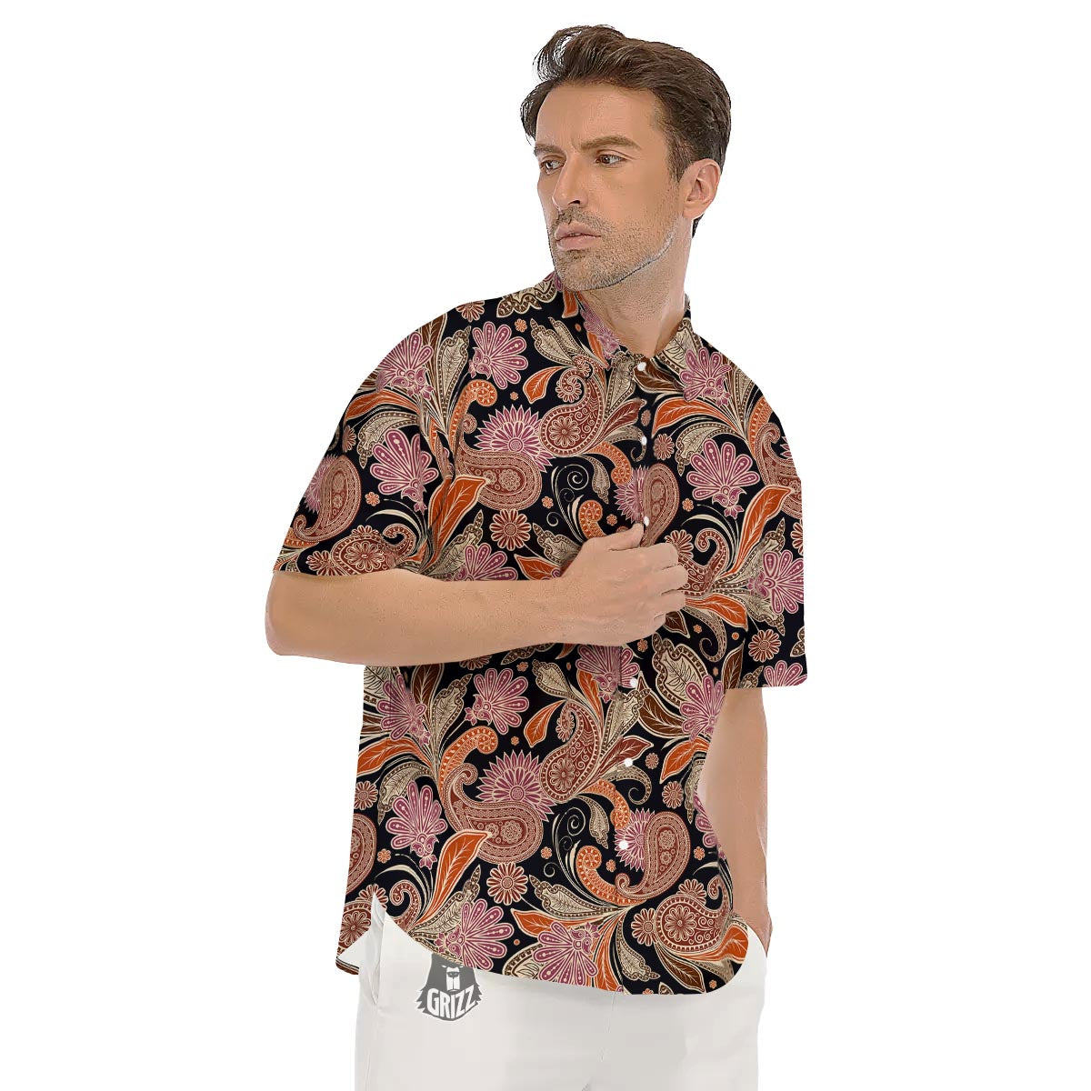 Bohemian Tangerine Floral Print Pattern Men's Short Sleeve Shirts-grizzshop