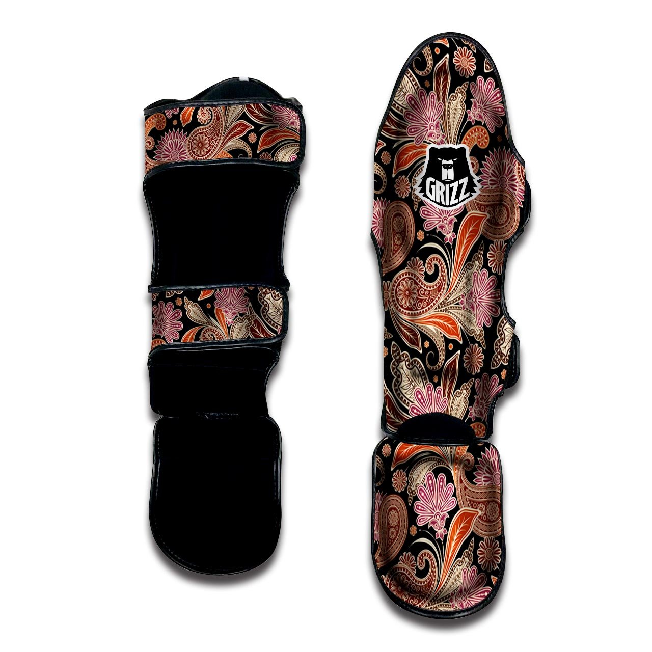 Bohemian Tangerine Floral Print Pattern Muay Thai Shin Guards-grizzshop