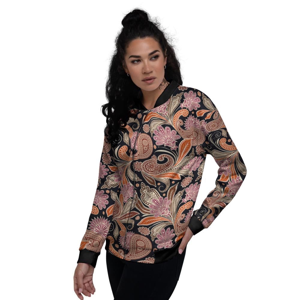 Bohemian Tangerine Floral Print Pattern Women's Bomber Jacket-grizzshop