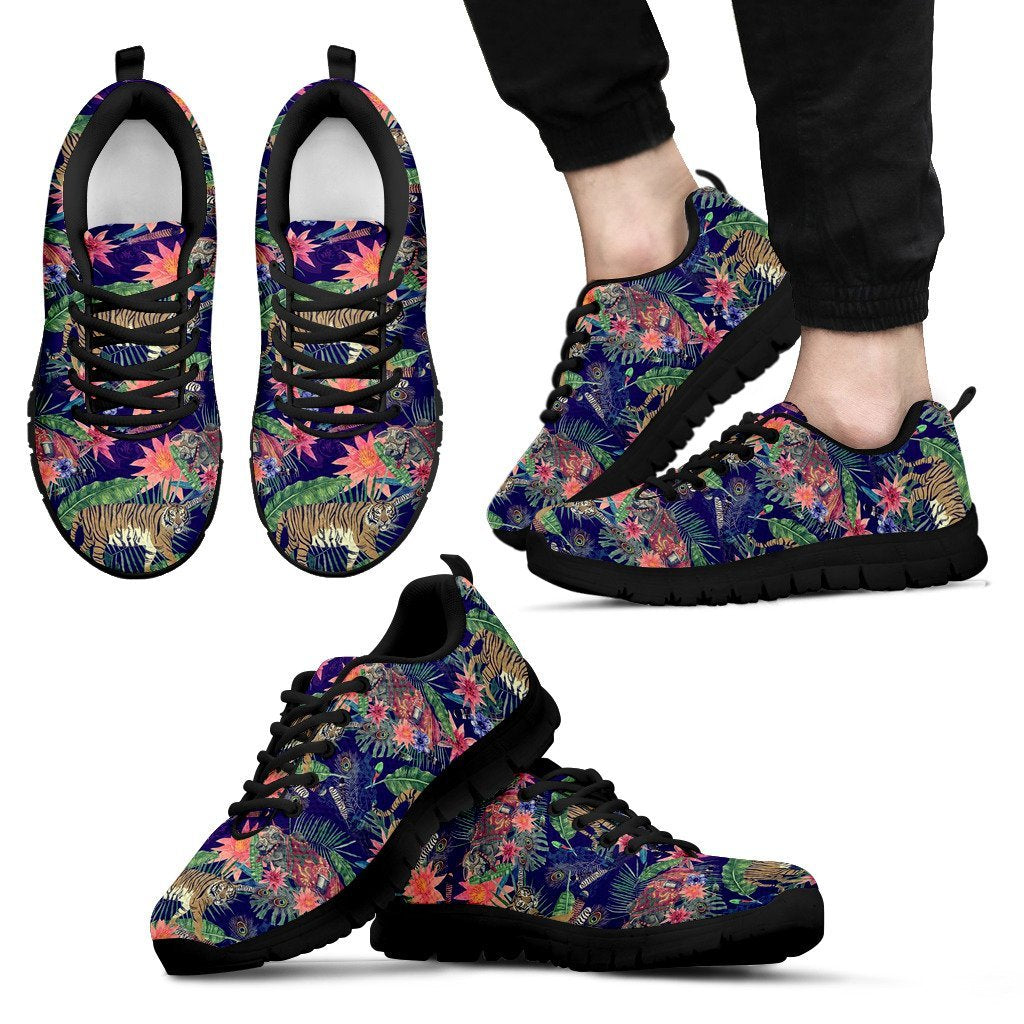 Bohemian Tiger Pattern Print Black Sneaker Shoes For Men Women-grizzshop