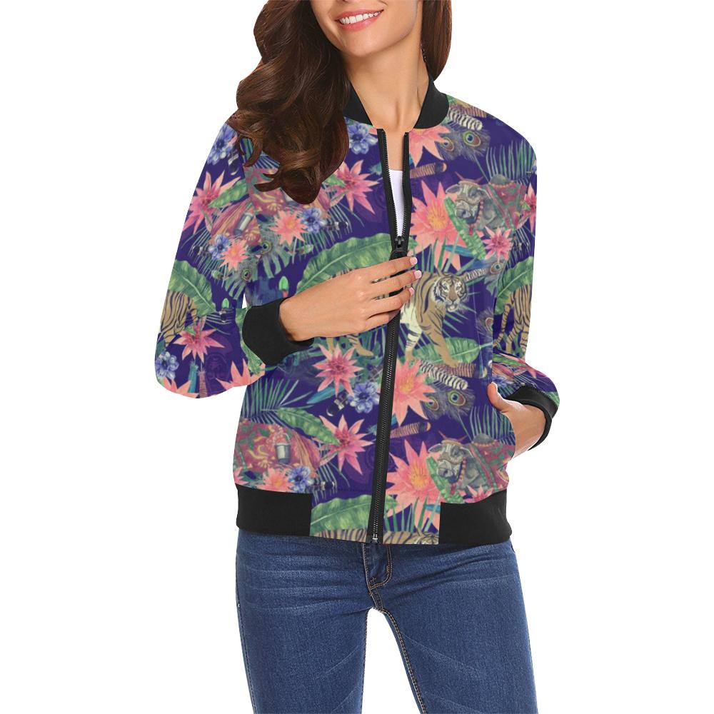 Bohemian Tiger Pattern Print Women Casual Bomber Jacket-grizzshop