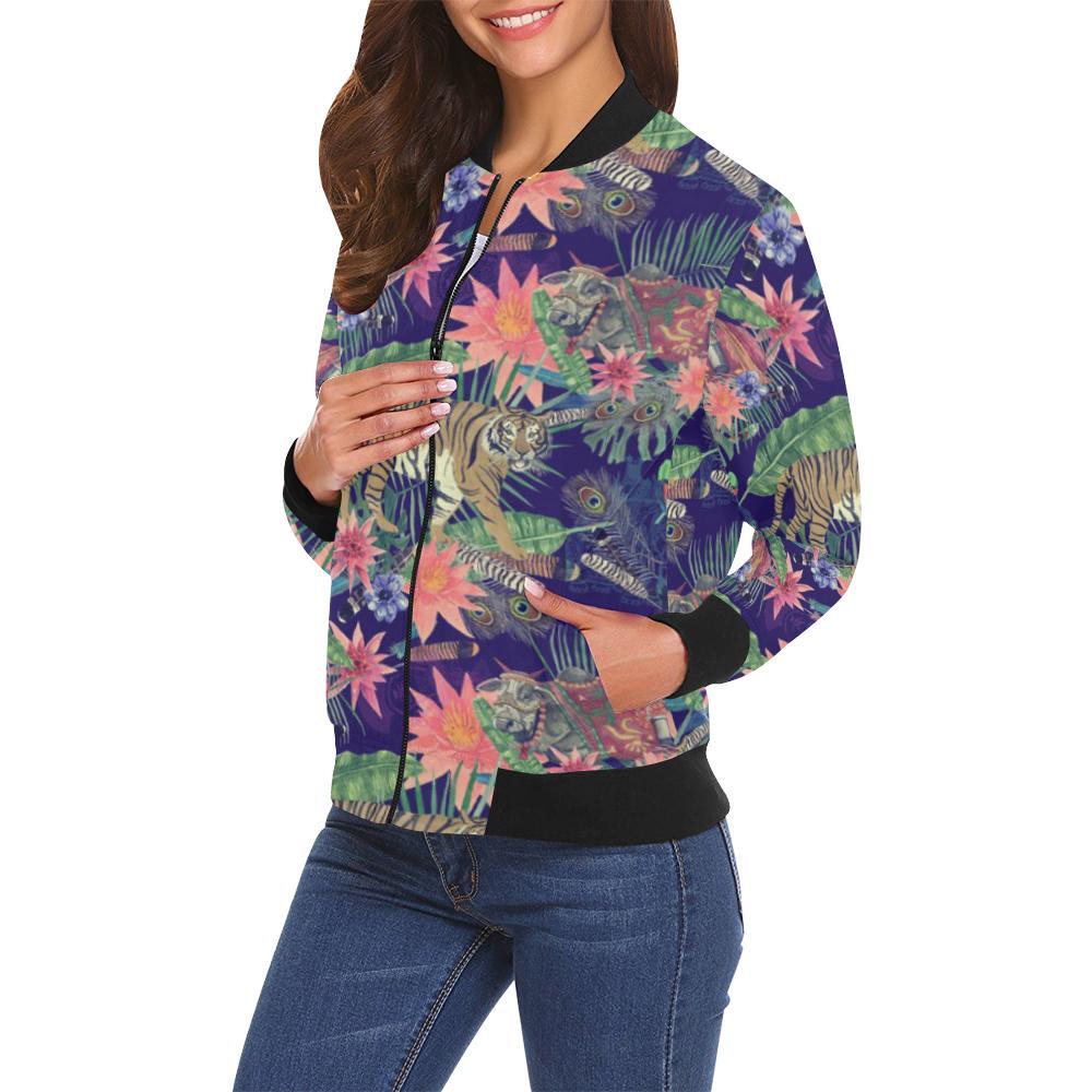 Bohemian Tiger Pattern Print Women Casual Bomber Jacket-grizzshop