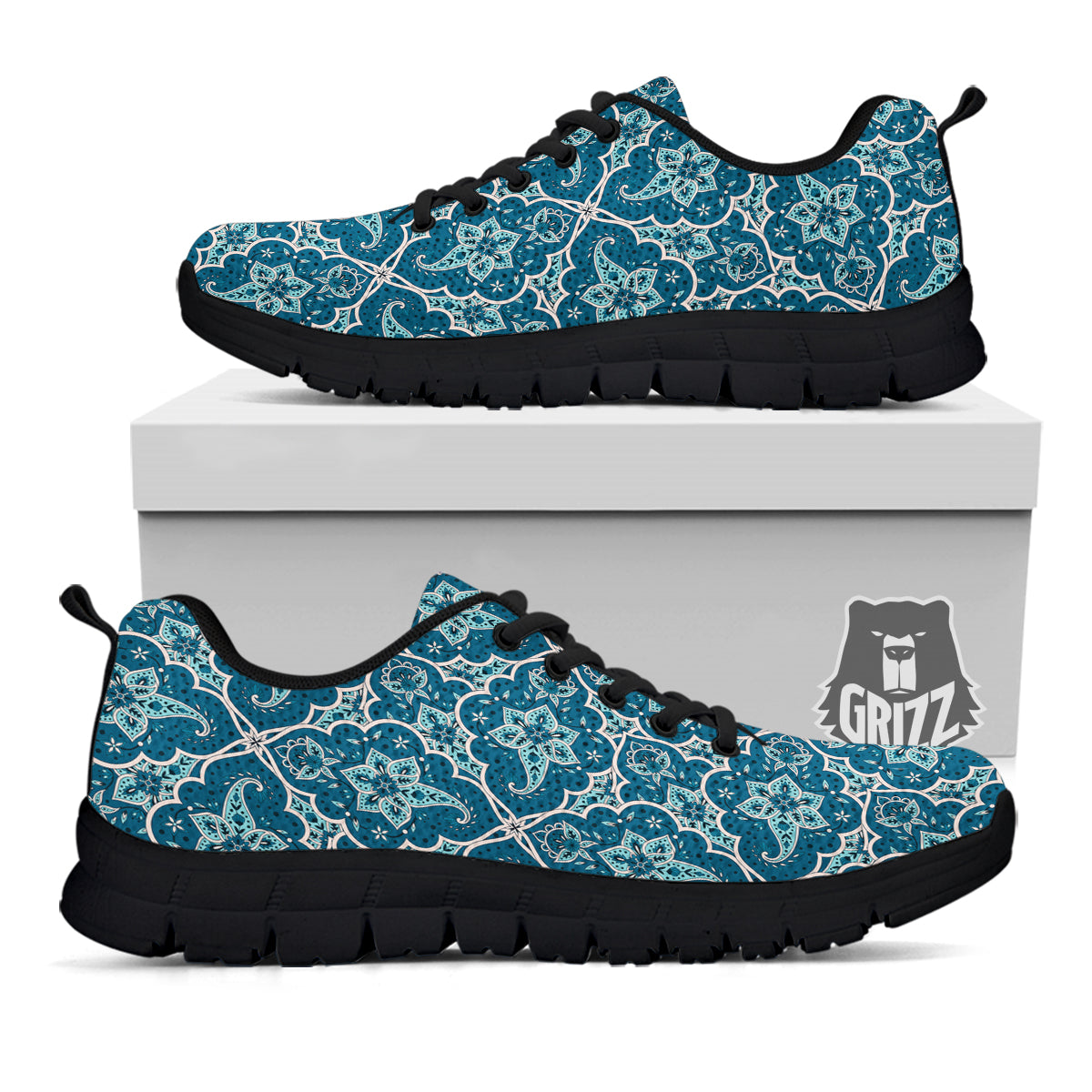 Bohemian Turquoise Floral Print Pattern Black Sneaker-grizzshop