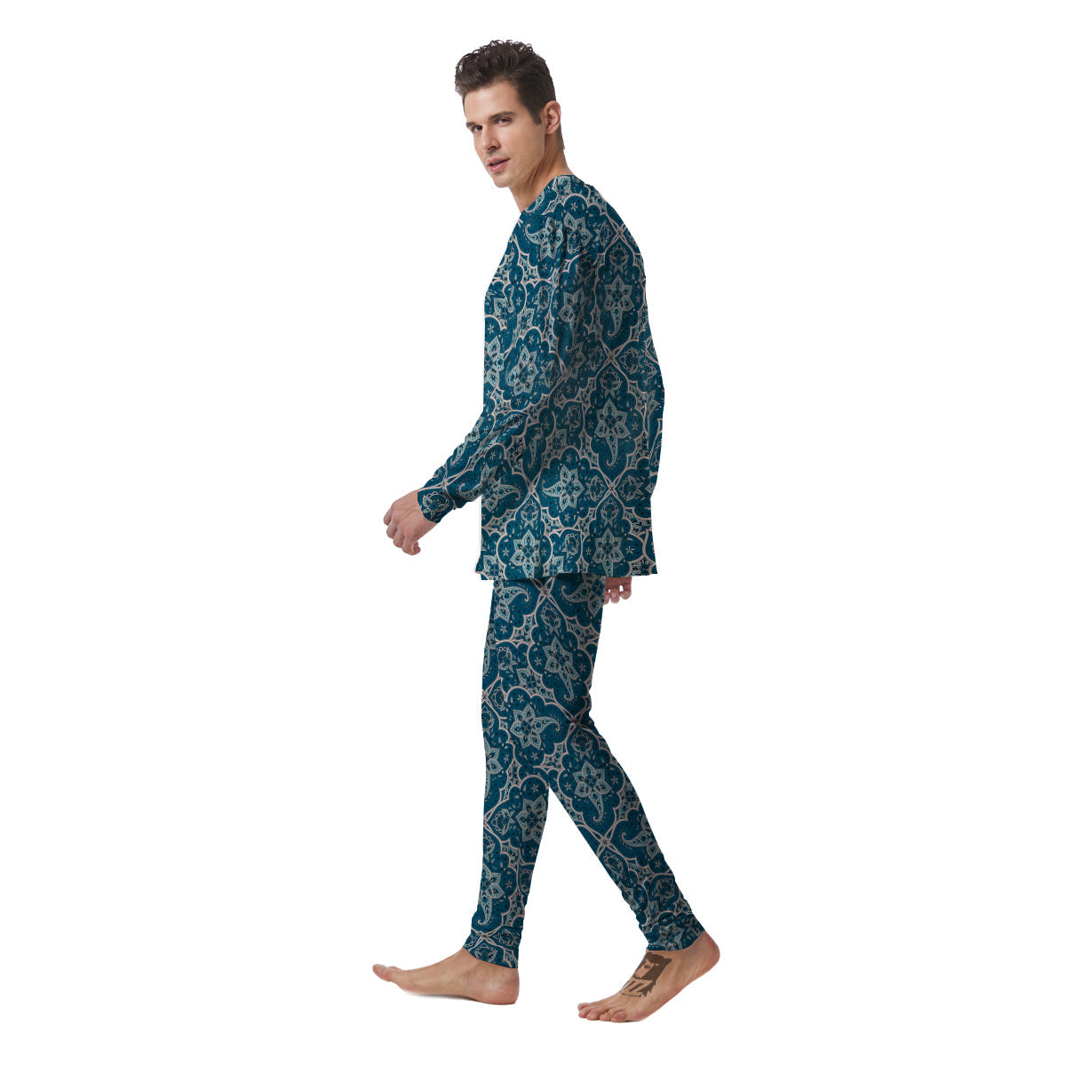 Bohemian Turquoise Floral Print Pattern Men's Pajamas-grizzshop