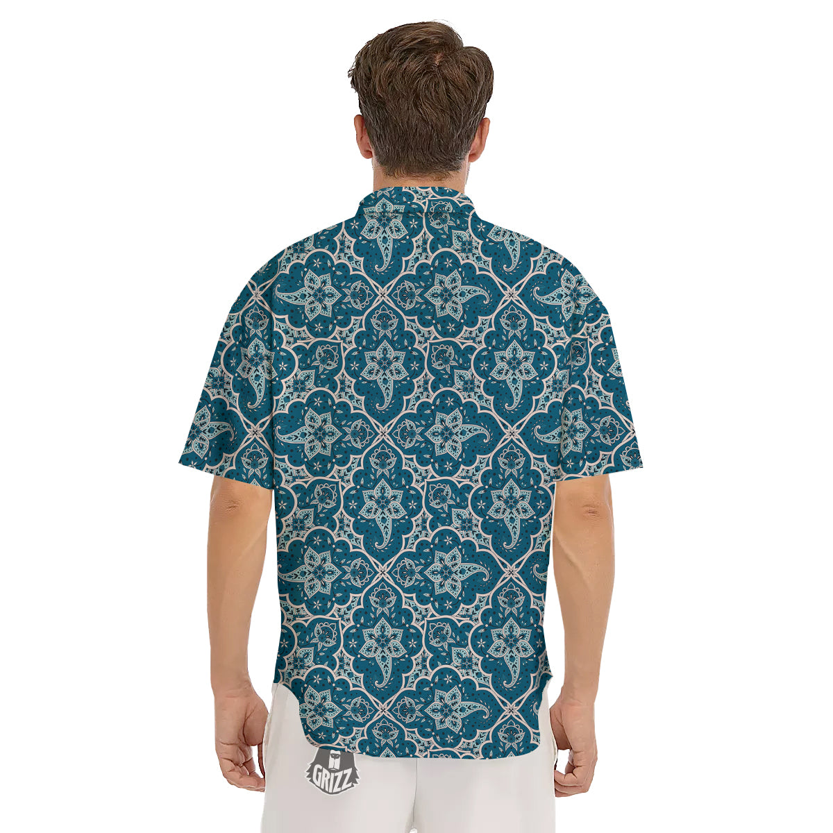 Bohemian Turquoise Floral Print Pattern Men's Short Sleeve Shirts-grizzshop